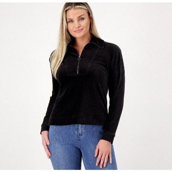 Encore by Idina Menzel Half-Zip Corded Velour Mock Neck Top Jet Black,Large - Picture 1 of 1